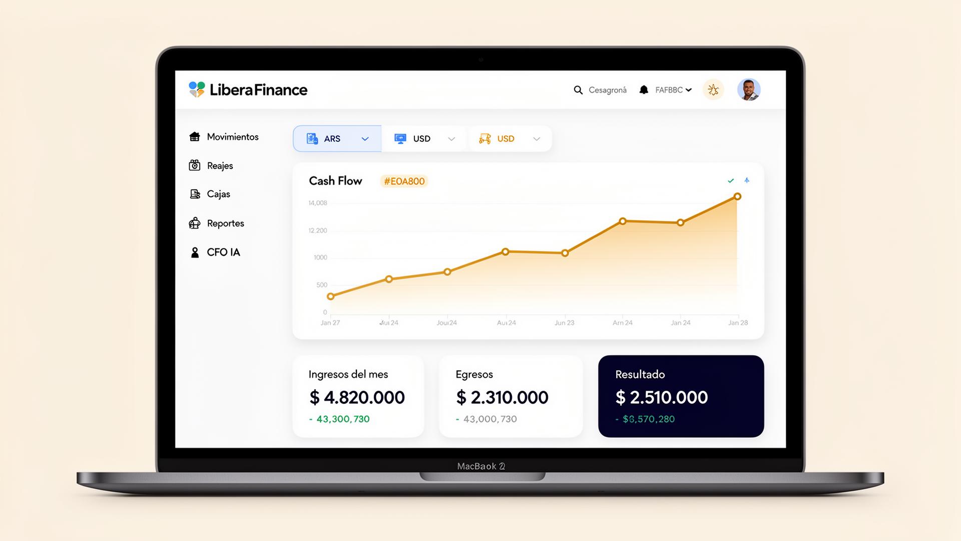 Panel de indicadores de Libera Finance en notebook mostrando flujo de caja, ingresos y egresos del mes en pesos argentinos